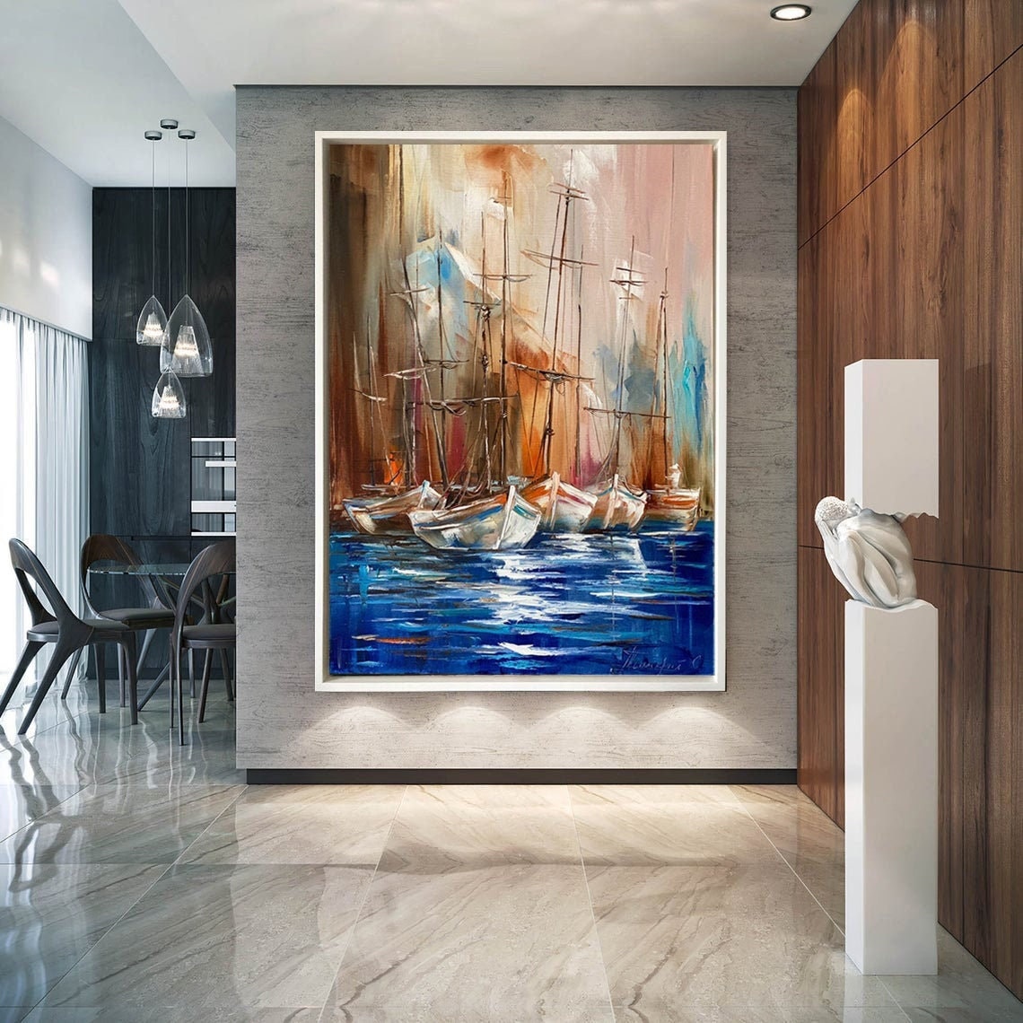 Large Sailboat Oil Painting Original Modern Abstract Brown Painting on Canvas Sailing Art Extra Large Sailboat Wall Art Nautical Wall Decor
