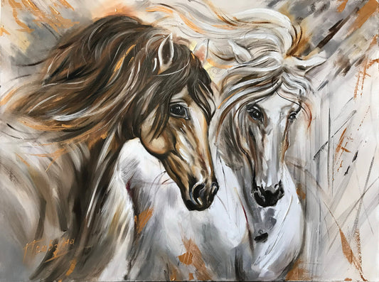 Large Horse Oil Painting on Canvas Abstract Wild Horse Art Two Horses Equestrian Painting Arabian Horse Artwork Large White Horse Painting