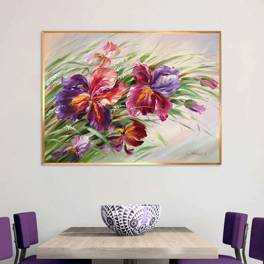 Purple Irises Original Painting, Iris Flower Wall Art, Green Botanical Painting Oil on Canvas, Purple Abstract Floral Art, Irises Wall Art