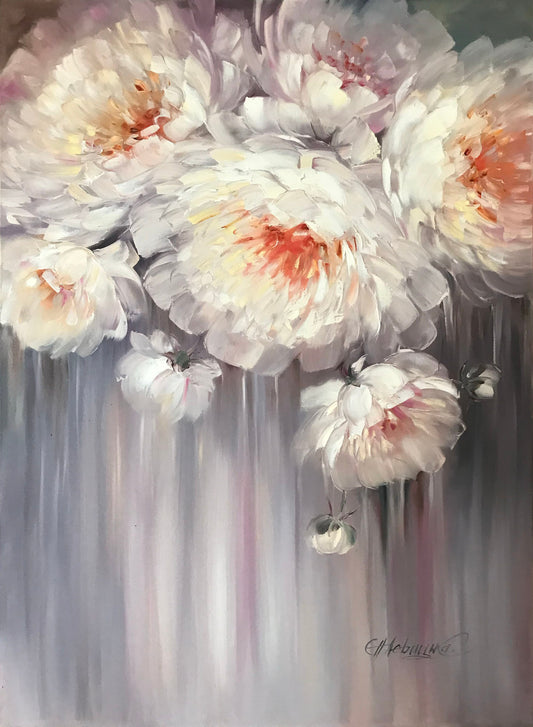 Large Abstract Flower Oil Painting White Grey Floral Wall Art Neutral Color Flower Paintings Big Bloom Flowers Wall Decor Painting Abstract