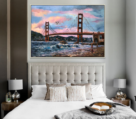 Original San Francisco Oil Painting, Large Golden Gate Bridge Wall Art Decor 36x24, Colorful California Landscape Painting on Canvas 40x30