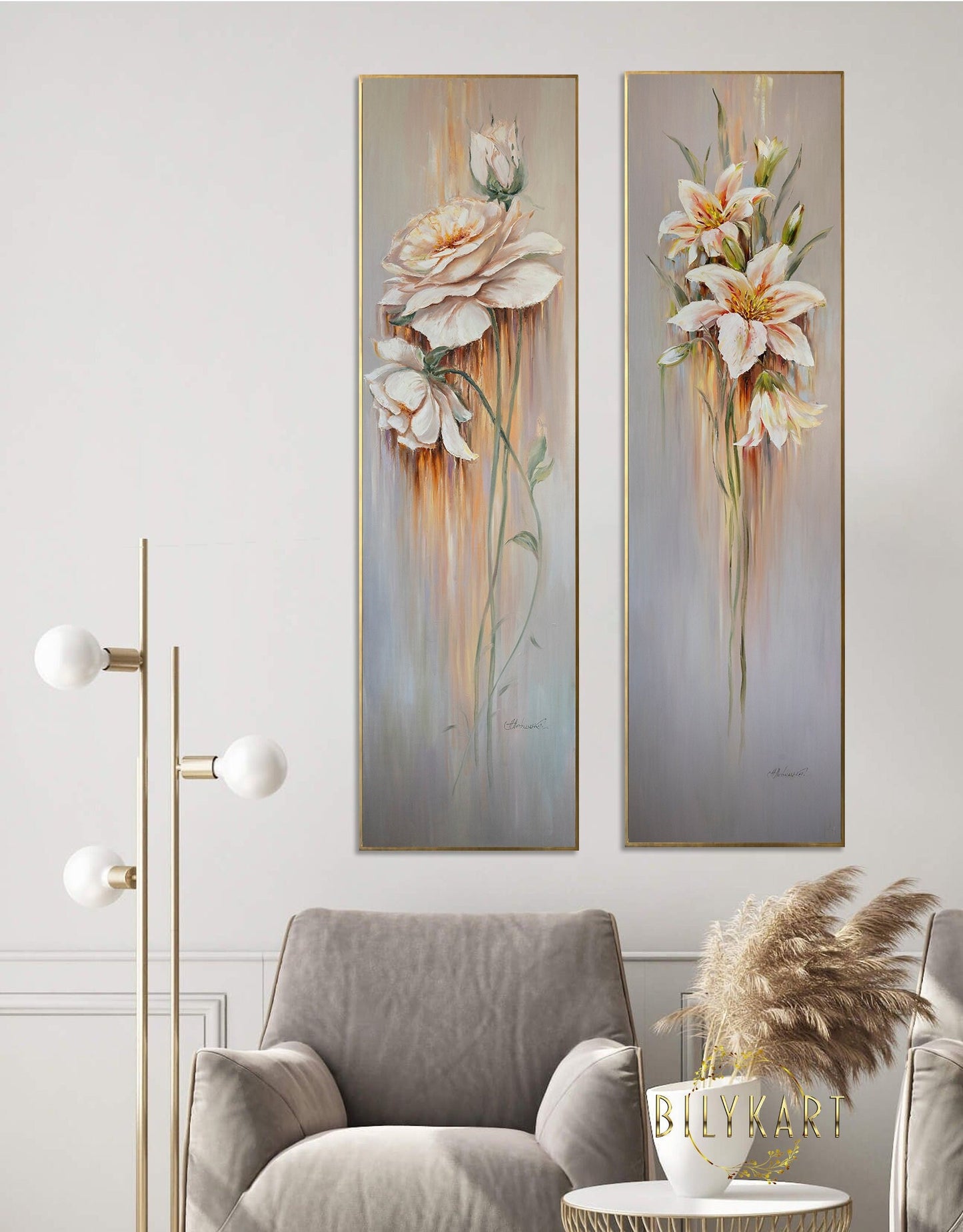 Long Narrow Wall Art Abstract Floral Oil Painting 2 Piece Wall Art 2 Floral Paintings Set of Two Long Paintings Vertical Narrow Wall Decor