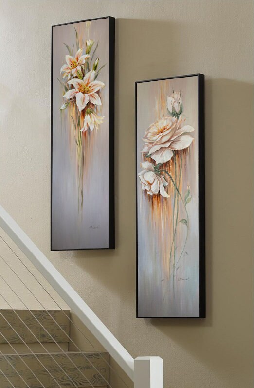Long Narrow Wall Art Abstract Floral Oil Painting 2 Piece Wall Art 2 Floral Paintings Set of Two Long Paintings Vertical Narrow Wall Decor