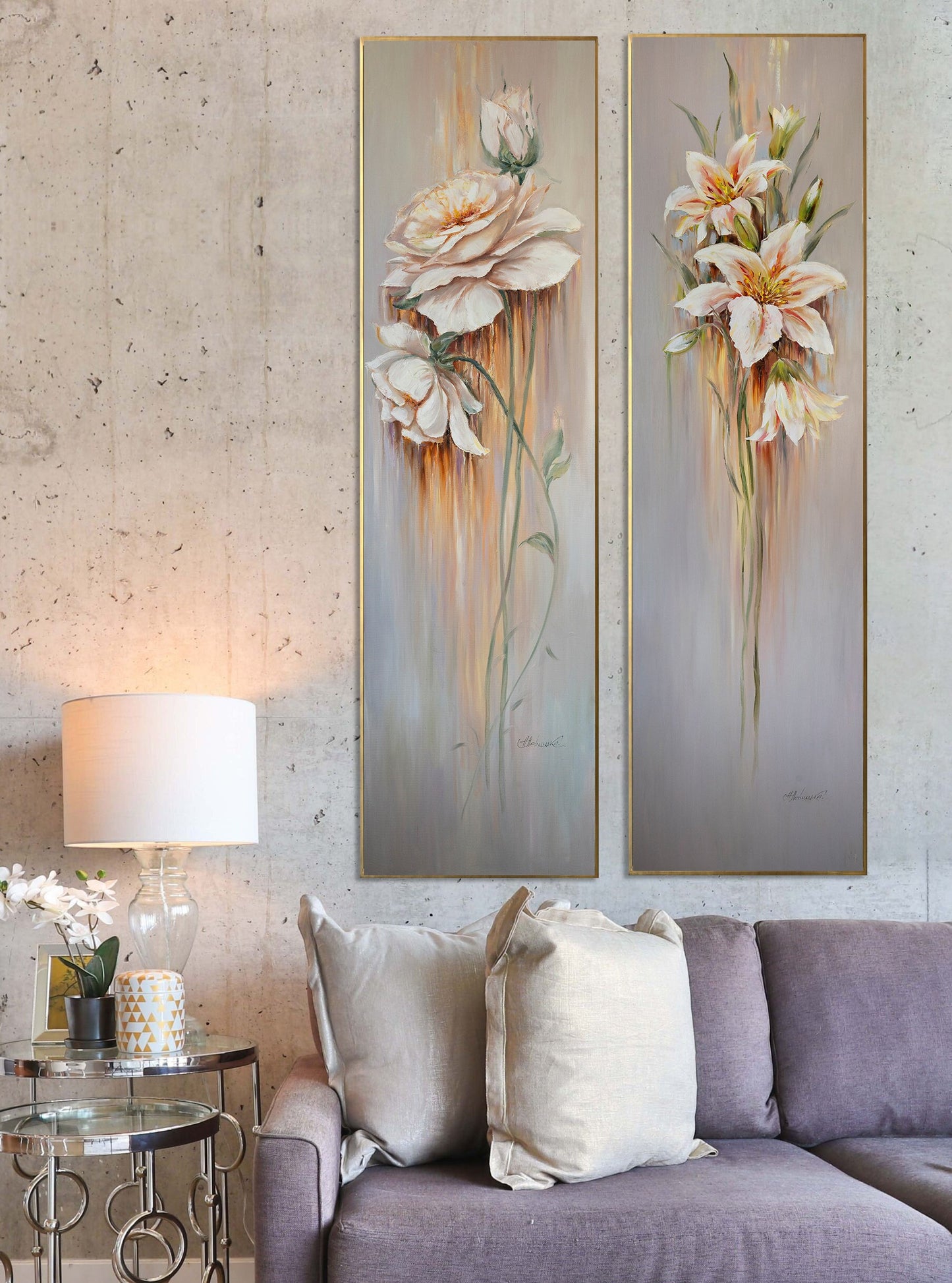 Long Narrow Wall Art Abstract Floral Oil Painting 2 Piece Wall Art 2 Floral Paintings Set of Two Long Paintings Vertical Narrow Wall Decor