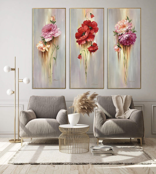 Long Vertical Painting Narrow Abstract Flowers Art Canvas Tall Wall Decor Flower Oil Painting Long Narrow 3 Piece Floral Vertical Art Set