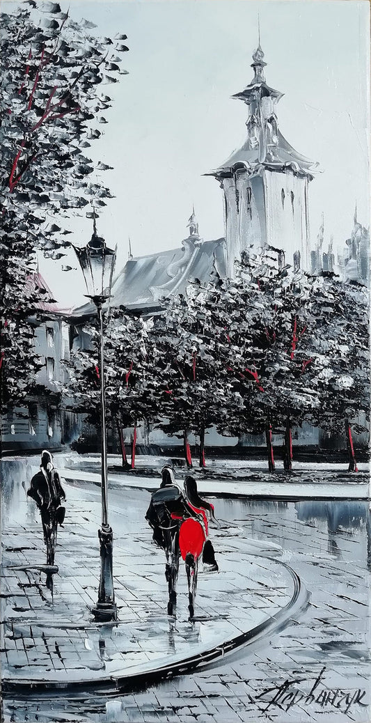 Long Narrow Wall Art Abstract City Street Oil Painting Tall Wall Art Tiny Canvas Painting 24 x 48 Vertical Painting Narrow Room Wall Decor