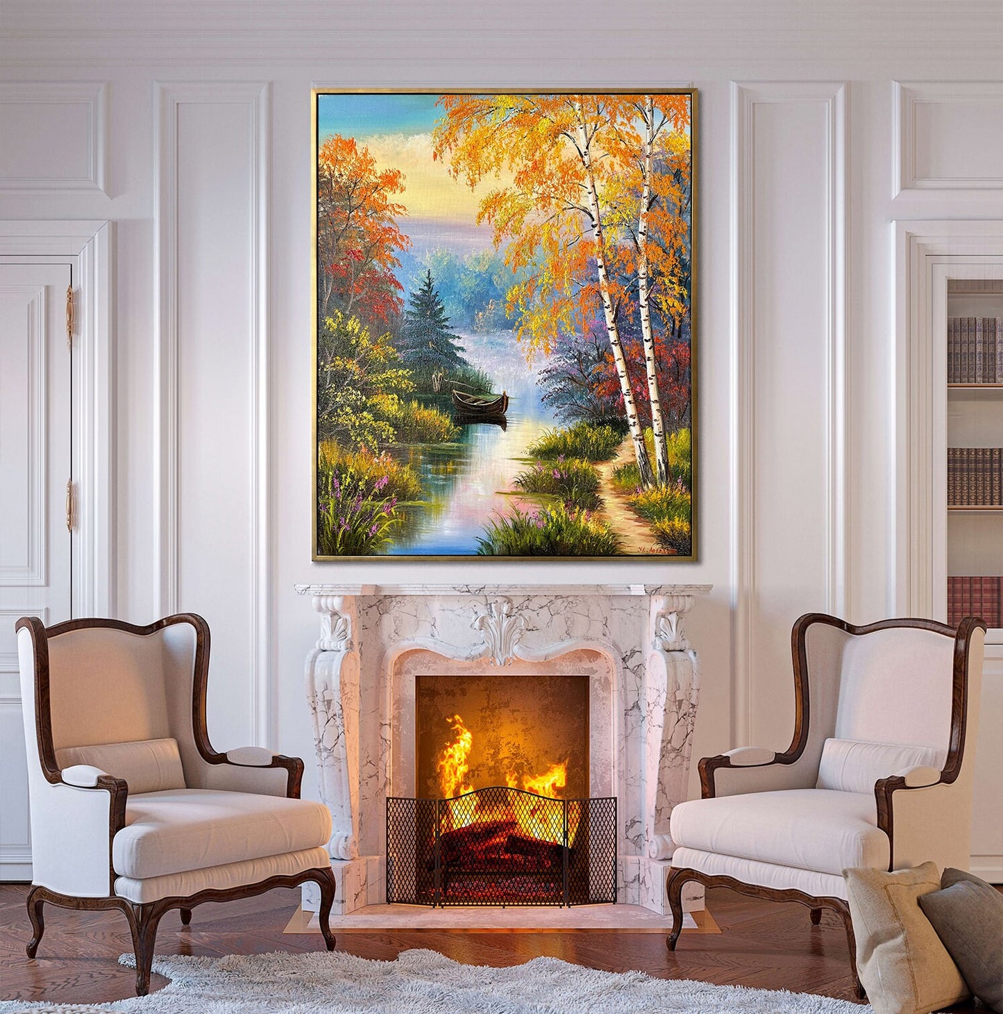 Original Landscape Oil Painting Boat Handmade Artwork Birch Trees Painting Countryside Painting Forest River Art Fall Oil Painting on Canvas