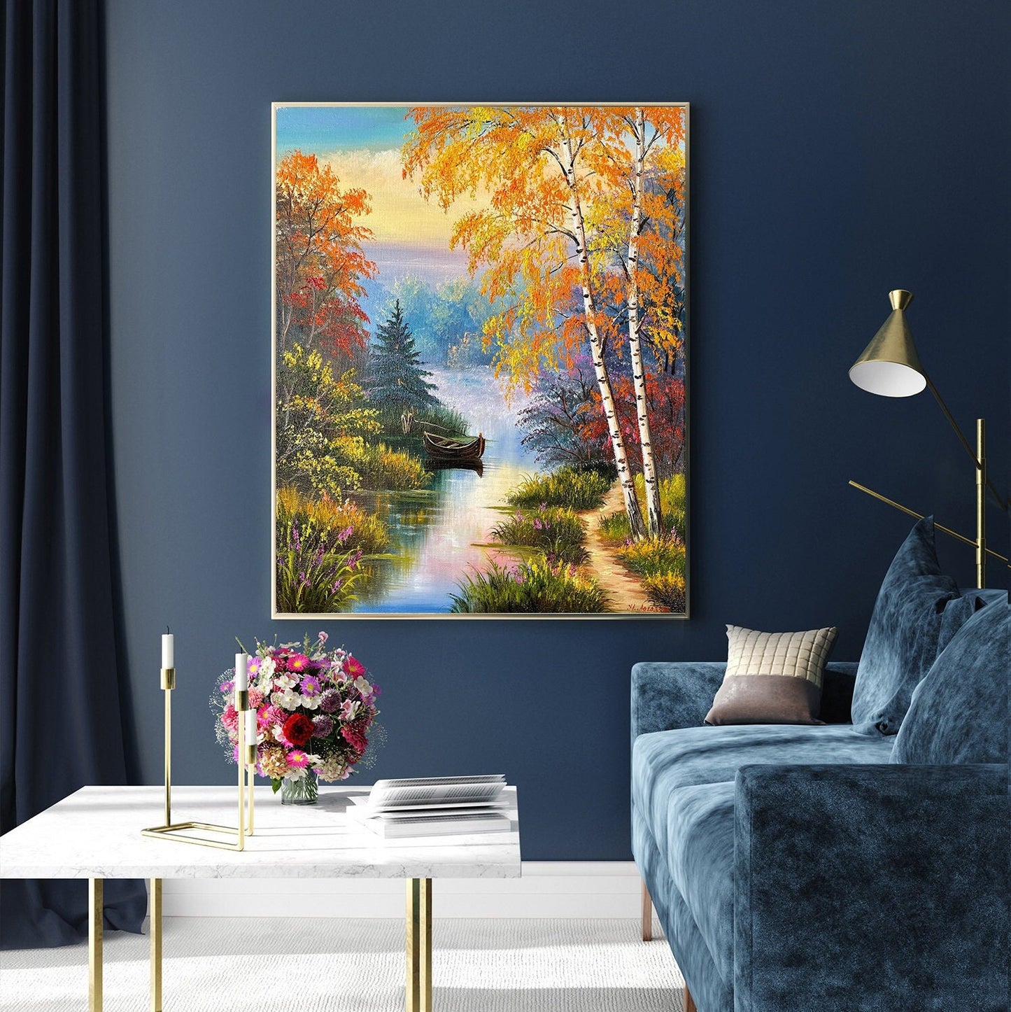 Original Landscape Oil Painting Boat Handmade Artwork Birch Trees Painting Countryside Painting Forest River Art Fall Oil Painting on Canvas