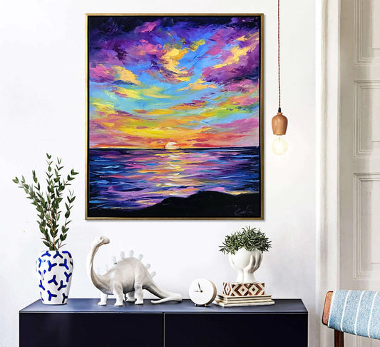 California Sunset Oil Painting Original Cloud Oil Painting Waves Painting on Canvas Panoramic Painting Textured Artwork Night Sky Painting