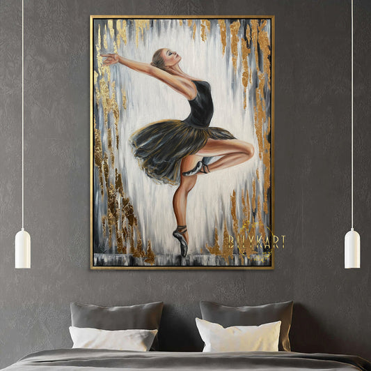 Abstract Ballerina Painting on Canvas Black and White Art Original Ballet Artwork Ballet Painting Gold Leaf Ballerina Oil Painting 70x100 cm