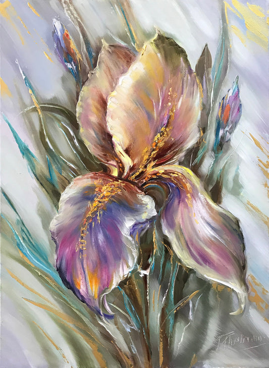 Large Iris Flower Oil Painting Oversized Abstract Flower Wall Art Green Botanical Oil Painting Huge Flower for Wall Decor Painting Abstract