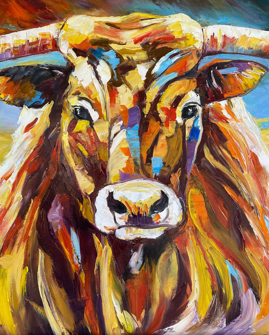 Longhorn Painting Original Texas Longhorn Art Abstract Bull Painting Colorful Longhorn Wall Art Texas Oil Painting Cow Painting on Canvas