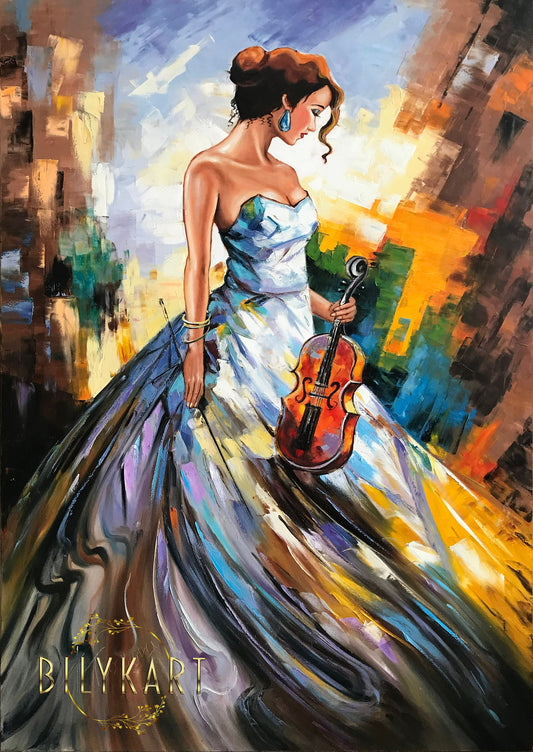 Original Violin Oil Painting on Canvas Modern Extra Large Abstract Brown Wall Art Classical Music Gold Frame Painting Violin Wall Decor