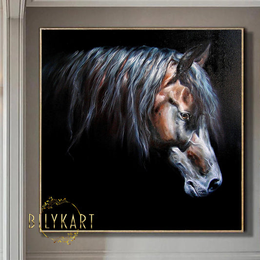 Horse Head Oil Painting Original Abstract Animal Decor Black Art Wild Animal Painting Gift for Horse Lover Black Horse Painting on Canvas