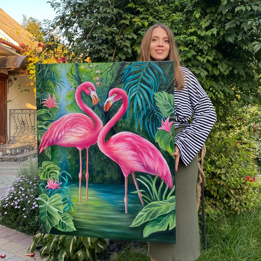 Pink Flamingo Painting on Canvas Tropical Animals in Rainforest Painting Flamingo in the Pond Wall Art Large Flamingo Oil Painting Original