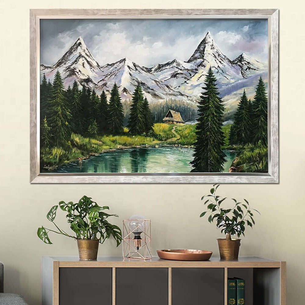 Mountain Stream Painting on Canvas Emerald Lake Painting Snowy Mountains Wall Art Colorado Mountain Landscape Oil Painting Framed Forest Art