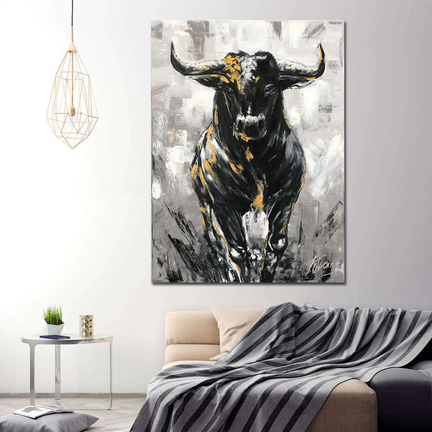 Large Abstract Bull Oil Painting Original Wall Street Bull Wall Art 48x36 Modern Black and White Bull Painting Oversized Painting Abstract