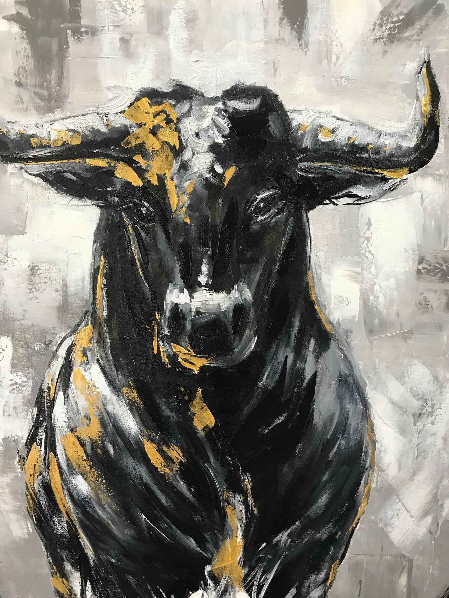 Large Abstract Bull Oil Painting Original Wall Street Bull Wall Art 48x36 Modern Black and White Bull Painting Oversized Painting Abstract
