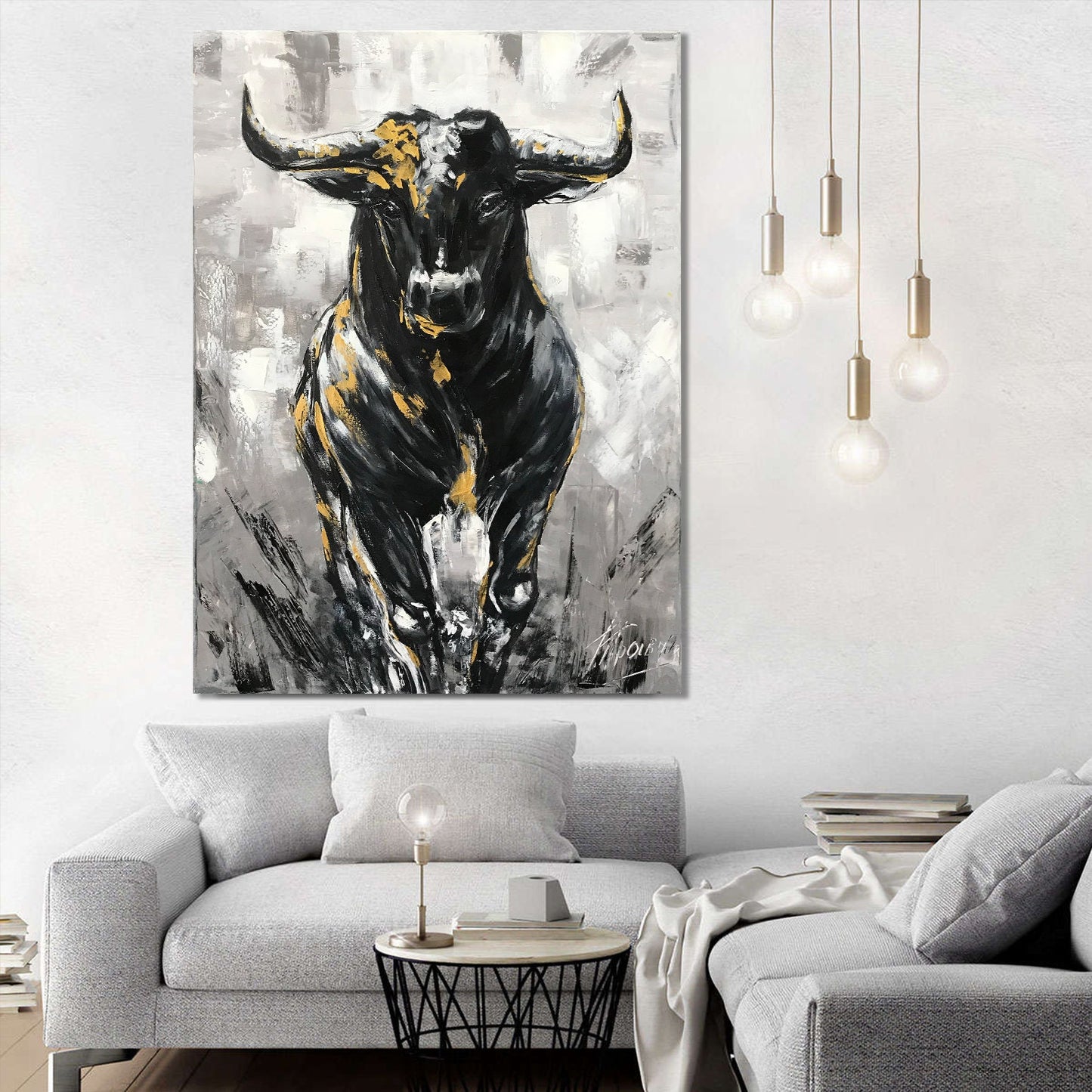 Large Abstract Bull Oil Painting Original Wall Street Bull Wall Art 48x36 Modern Black and White Bull Painting Oversized Painting Abstract