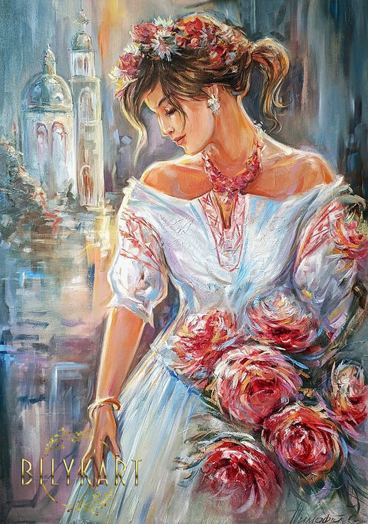 Flower Girl Oil Painting Canvas Original Beautiful Girl Framed Wall Art Woman Painting Roses Art Classic Painting Unique Gift for Woman