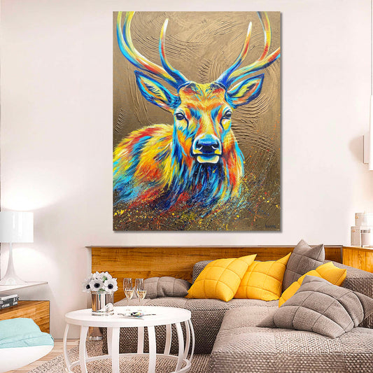 Abstract Deer Painting on Canvas Gold Deer Head Wall Art Decor Colorful Moose Painting Original Modern Abstract Elk Painting for Sale