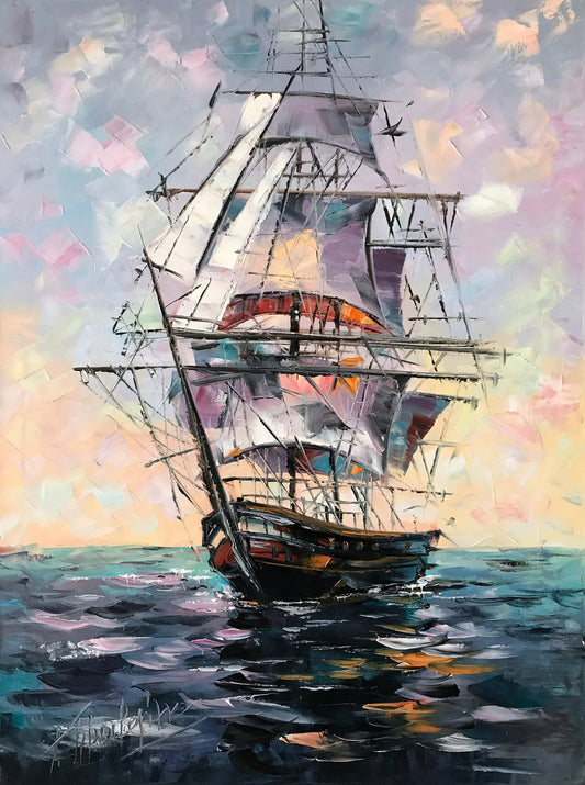 Abstract Sailboat Painting Original Boat Art Ship Oil Painting Framed Seascape Wall Art Large Sailing Ship Painting Canvas Ocean Décor