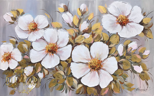 Cherry Blossom Painting Original White Flower Art Gold Cherry Blossom Art Abstract Flower Oil Painting Bloom Wall Art Floral Painting Canvas