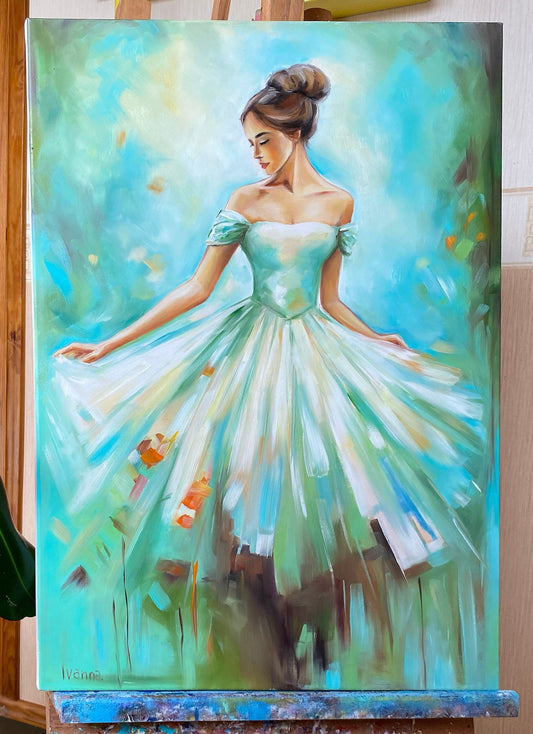 Abstract Girl in Dress Painting on Canvas Elegant Wall Art Woman in Green Dress Painting Beautiful Girl Artwork Pretty Lady Paintings