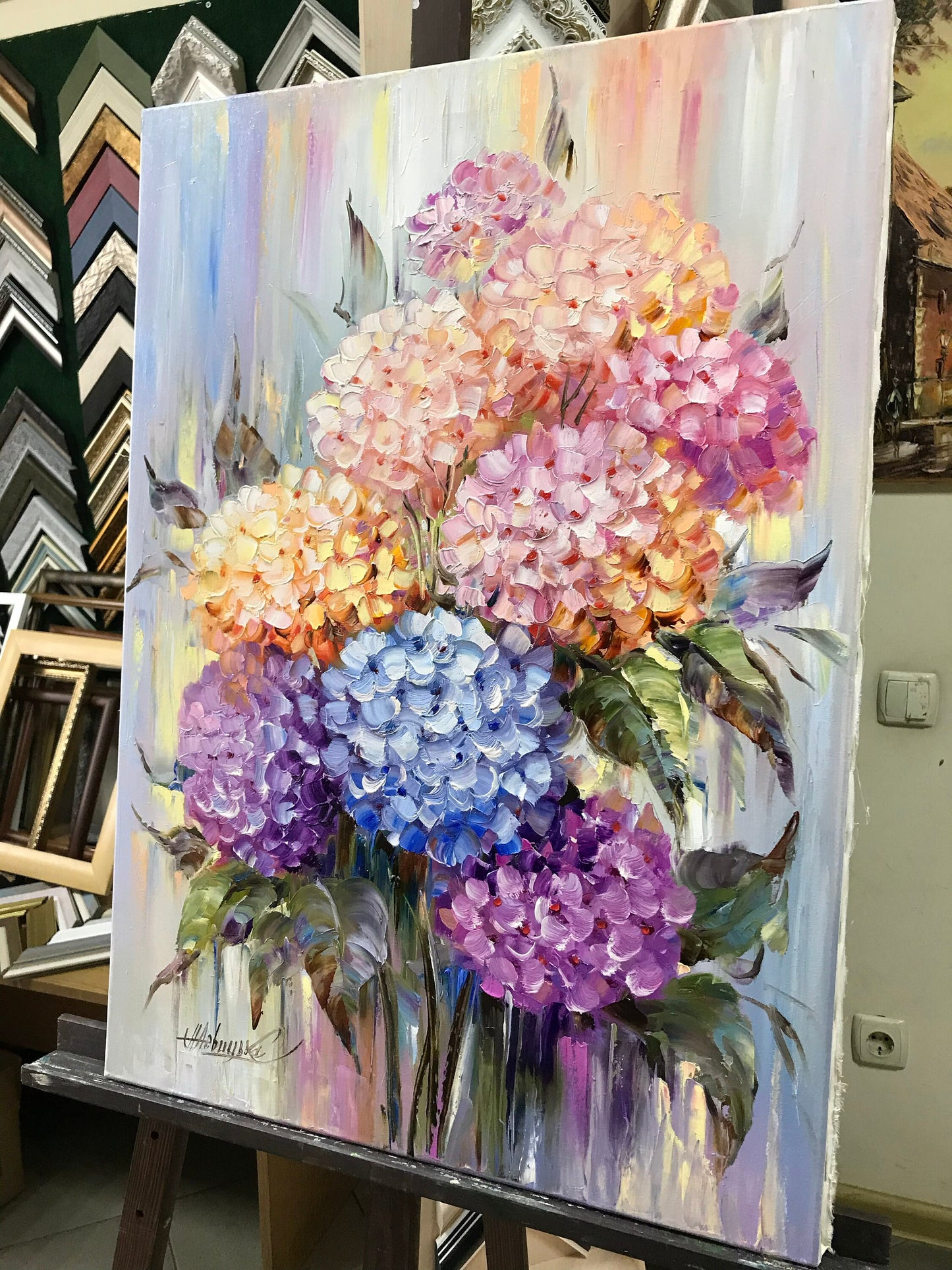 Abstract Hydrangea Painting on Canvas Pink Hydrangea Wall Art Spring Flowers Oil Painting Colorful Flowers Art Hydrangea Bouquet Painting
