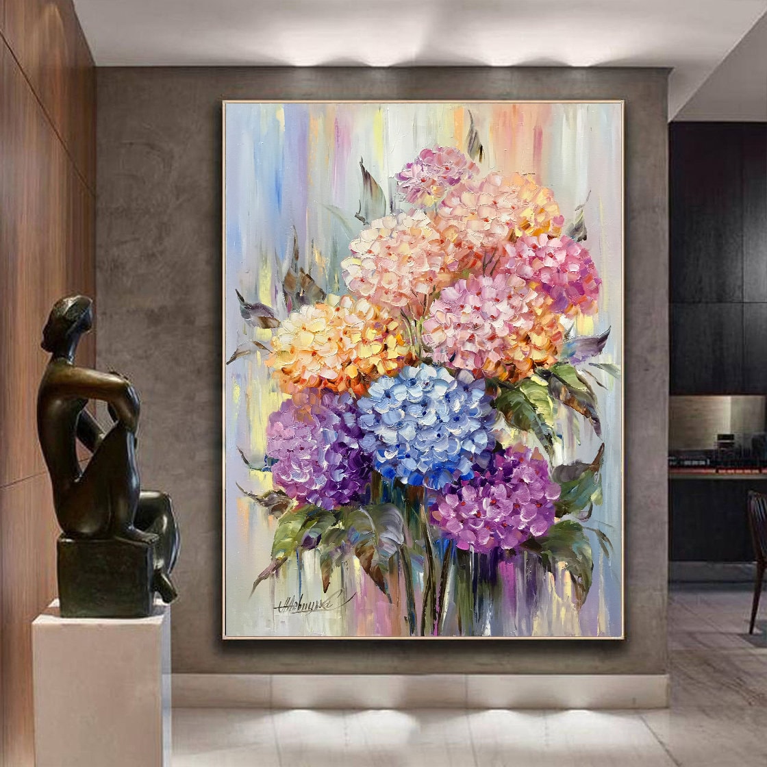 Abstract Hydrangea Painting on Canvas Pink Hydrangea Wall Art Spring Flowers Oil Painting Colorful Flowers Art Hydrangea Bouquet Painting