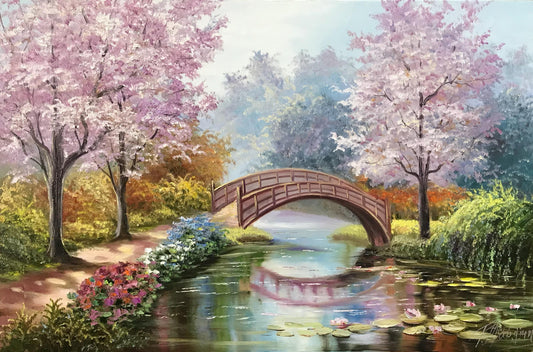 Claude Monet Bridge Over a Pond of Water Lilies Painting on Canvas, Japanese Water Lily Oil Painting Original Cherry Blossom Art