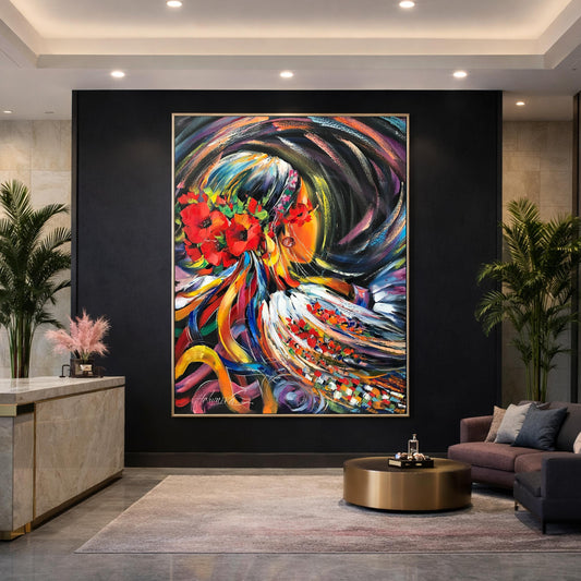 Ukrainian Girl Oil Painting Original, Modern Faceless Woman Art, Contemporary Vibrant Canvas Wall Art by Ukraine Artist