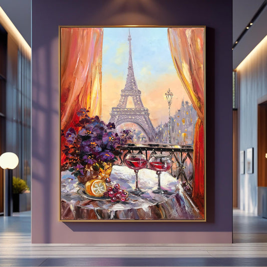Paris Night Cafe Oil Painting Original Romantic Art Work, Diner Painting, Large Eiffel Tower Wall Art, Cafe Terrace