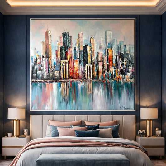 New York City Skyline Abstract Painting Large NYC Framed Wall Art | Manhattan Bridge Urban Landscapes Artwork | City Scapes Art
