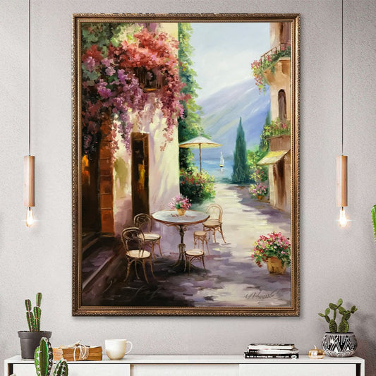 Amalfi Coast Italy Oil Painting Original Italian Street Cafe Paintings Italy Art Work Summer Vacation Painting on Canvas Italian Positano Coast Painting