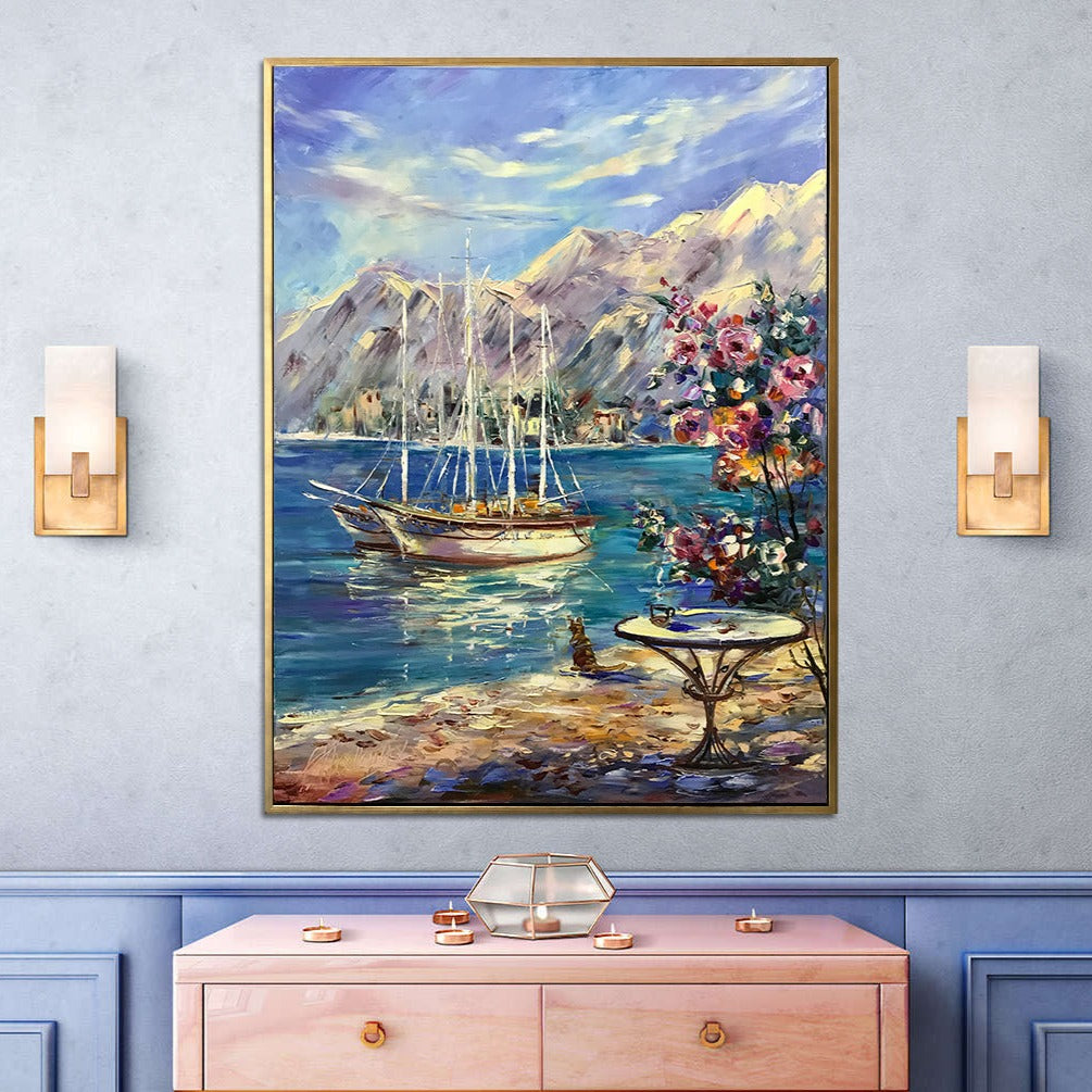 Positano Coast Oil Painting Original Italian Art Decor Sea Boat Artwork Mediterranean Sea Painting Italy Wall Art Amalfi Coast Painting