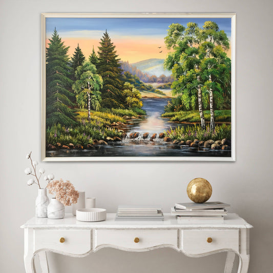 Green Forest Painting Original Trees Wall Art River Oil Painting on Canvas Pine Tree Artwork Nature Art for Bedroom Landscape Painting Oil