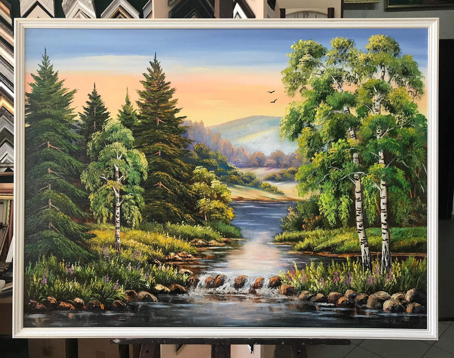 Green Forest Painting Original Trees Wall Art River Oil Painting on Canvas Pine Tree Artwork Nature Art for Bedroom Landscape Painting Oil