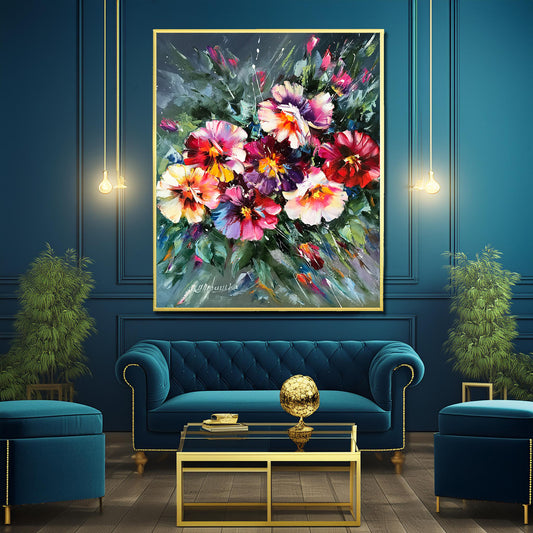 Colourful Flowers Painting of Pansies Wall Art Red Pansy Oil Painting Original Red and Green Flower Painting Abstract Flowers Art Work
