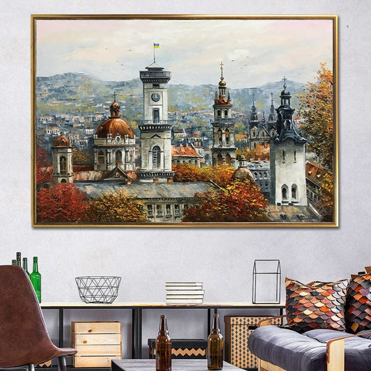 Old City Painting on Canvas European Town Painting Lviv Ukraine Artists Artwork European Landscape Paintings