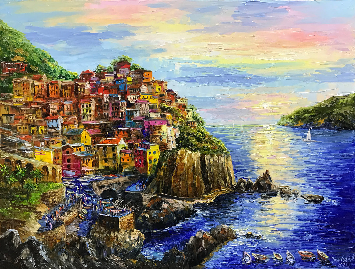 Manarola Cinque Terre Painting on Canvas Italy Oil Painting Italian Landscape Wall Art Italian Village Sunset at Cinque Terre Italy Paintings