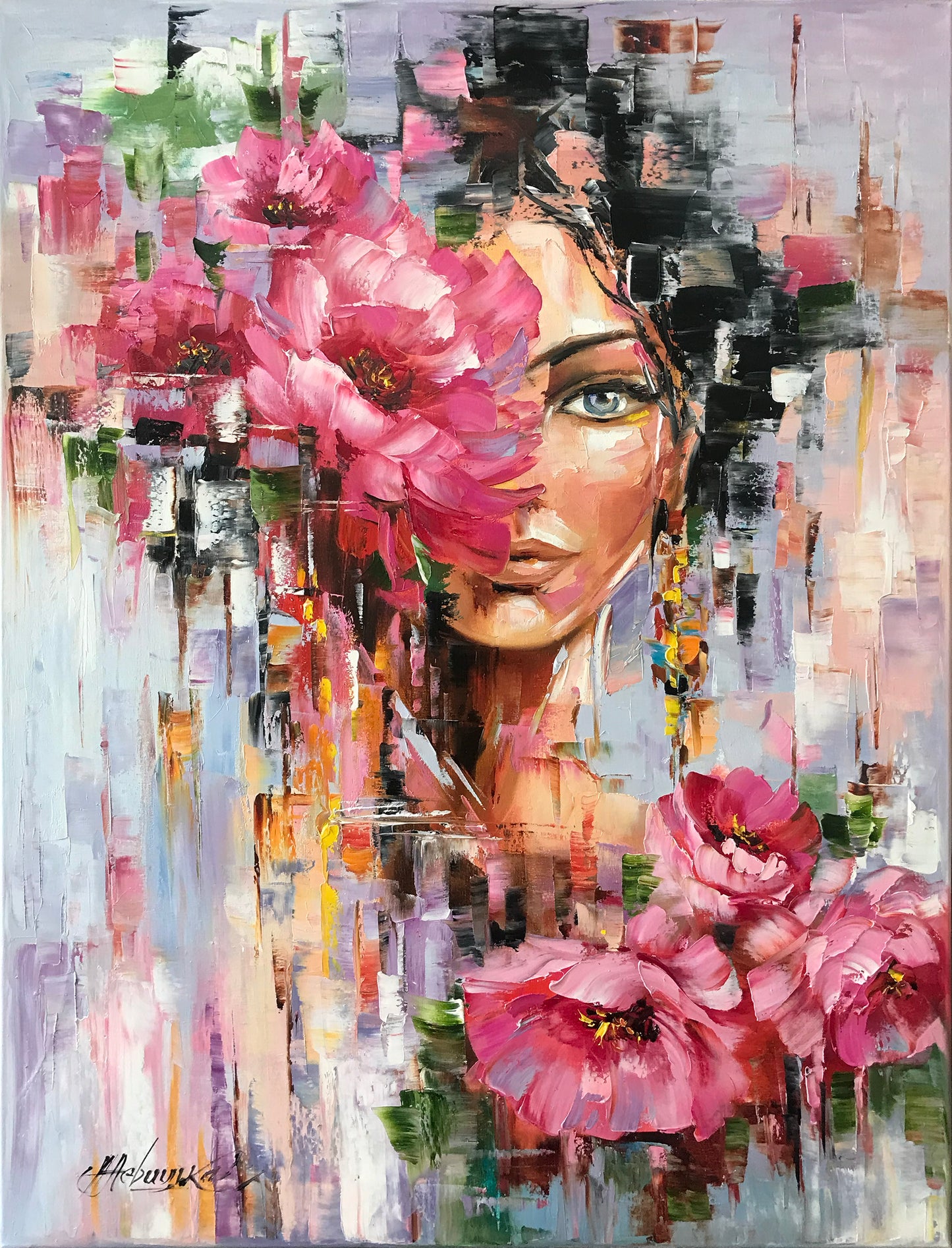 Flower Head Girl Painting Original Woman with Flower Head Wall Art Beautiful Girl with Flowers Painting Abstract Female Face Art