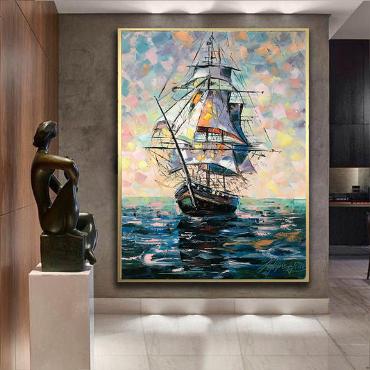 Sailing Ship at Sea Oil Painting, Large Nautical Canvas Wall Art, Abstract Sailboat Paintings, Ocean Themed Living Room Decor
