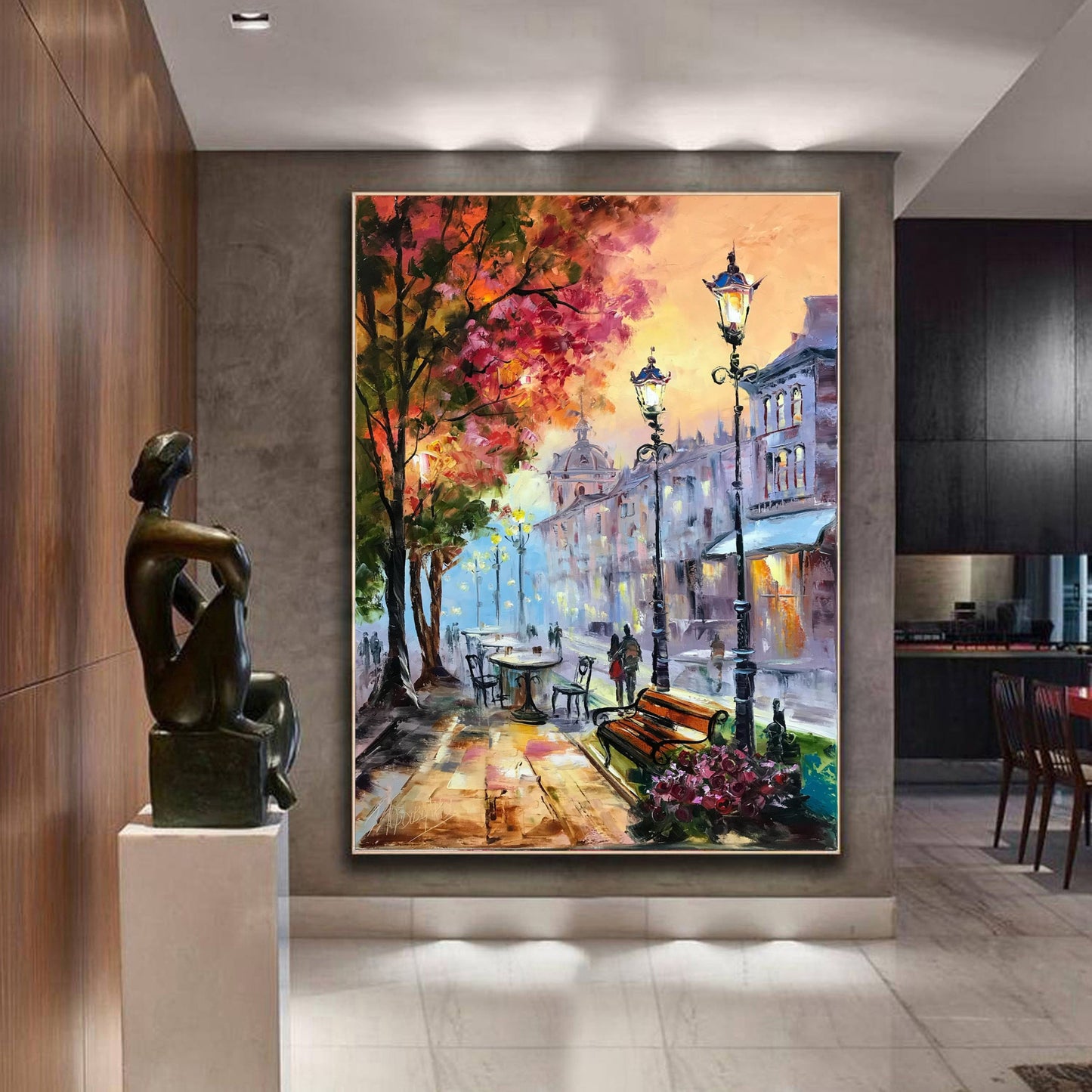 French Street Scene Paintings Parisian Cafe Art Parisian Night Painting on Canvas Paris Cafe Artwork