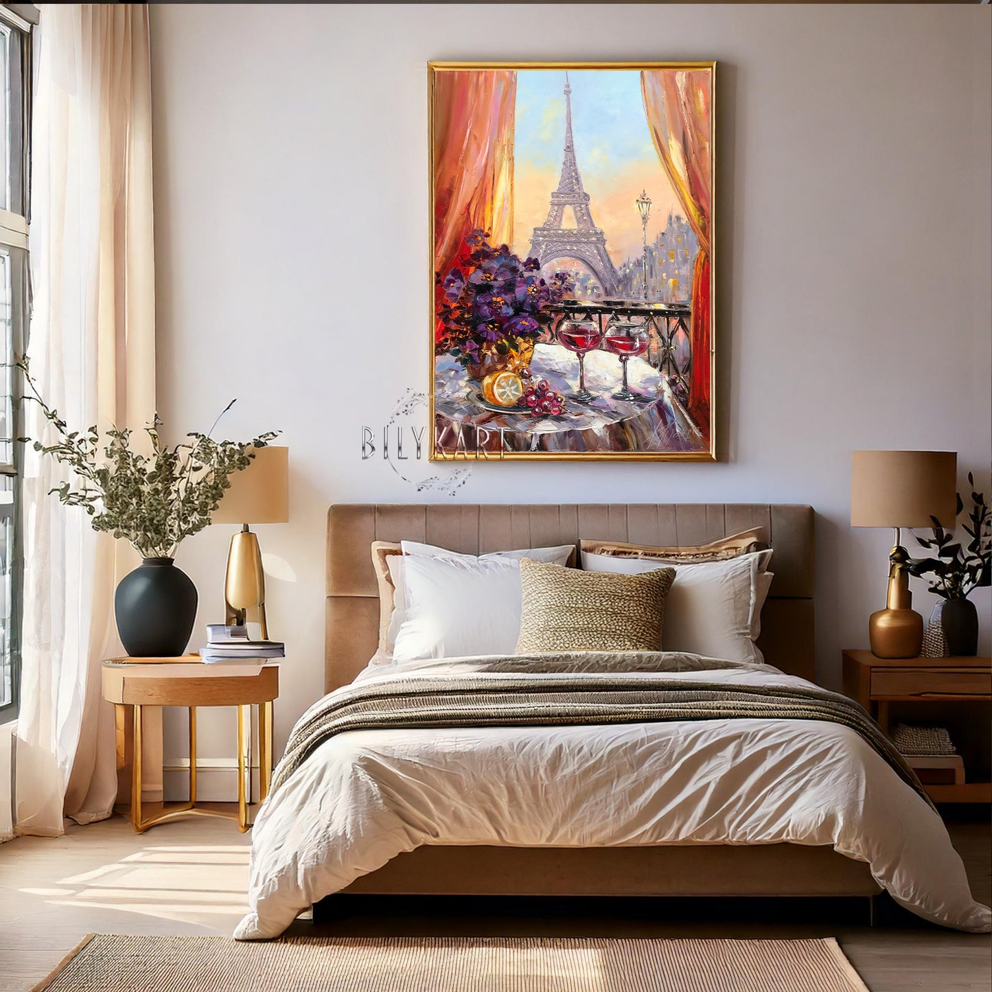 Paris Café Oil Painting Original Eiffel Tower Wall Art Wine Glasses Painting French Cafe Artwork