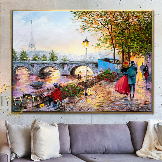 Night In Paris Painting on Canvas, Parisian Wall Decor, Couple Walking in Paris Painting, Eiffel Tower Wall Art