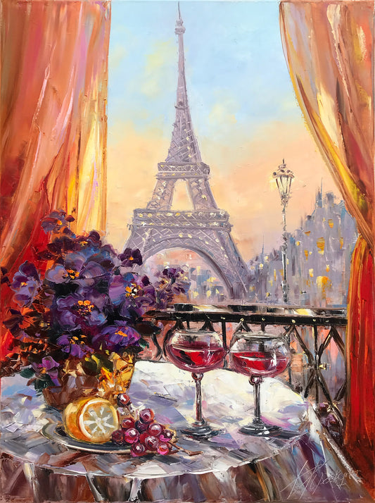 Paris Café Oil Painting Original Eiffel Tower Wall Art Wine Glasses Painting French Cafe Artwork