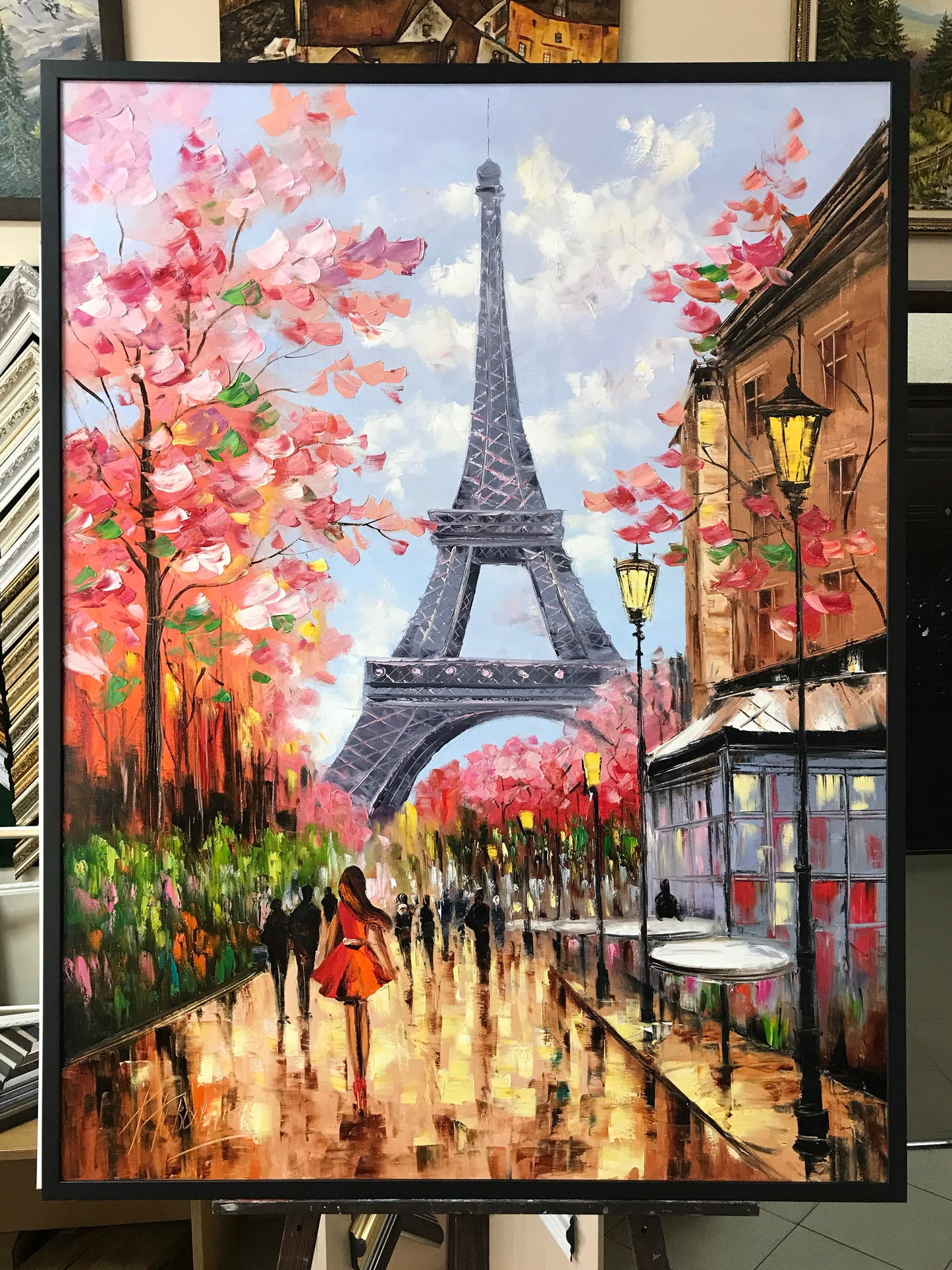 Springtime in Paris Painting Original Eiffel Tower Wall Decor Parisian Street Scene Oil Painting Paris Cafe Atwork