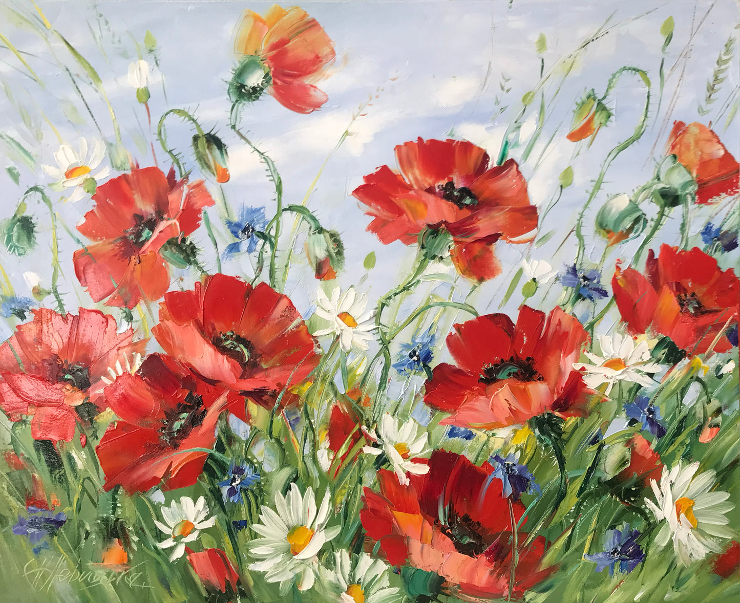 Field of Poppies Painting on Canvas Large Red Poppies Wall Art Original Wildflowers Painting Meadow Poppies and Daisies Oil Painting
