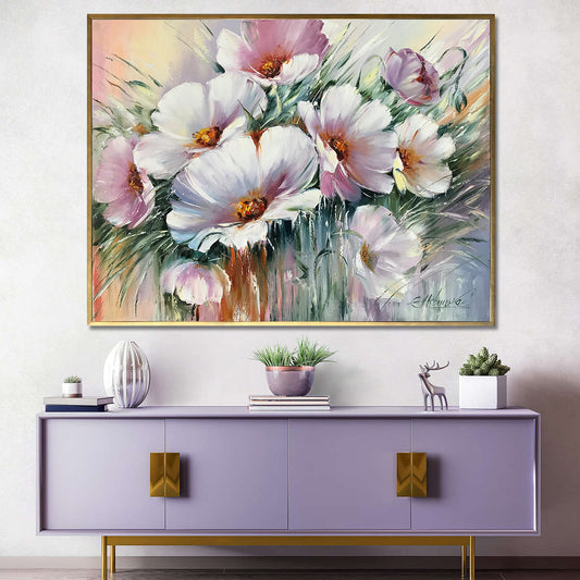 Large Abstract Floral Paintings on Canvas Purple Floral Wall Art White Flower Oil Painting Original Floral Artwork